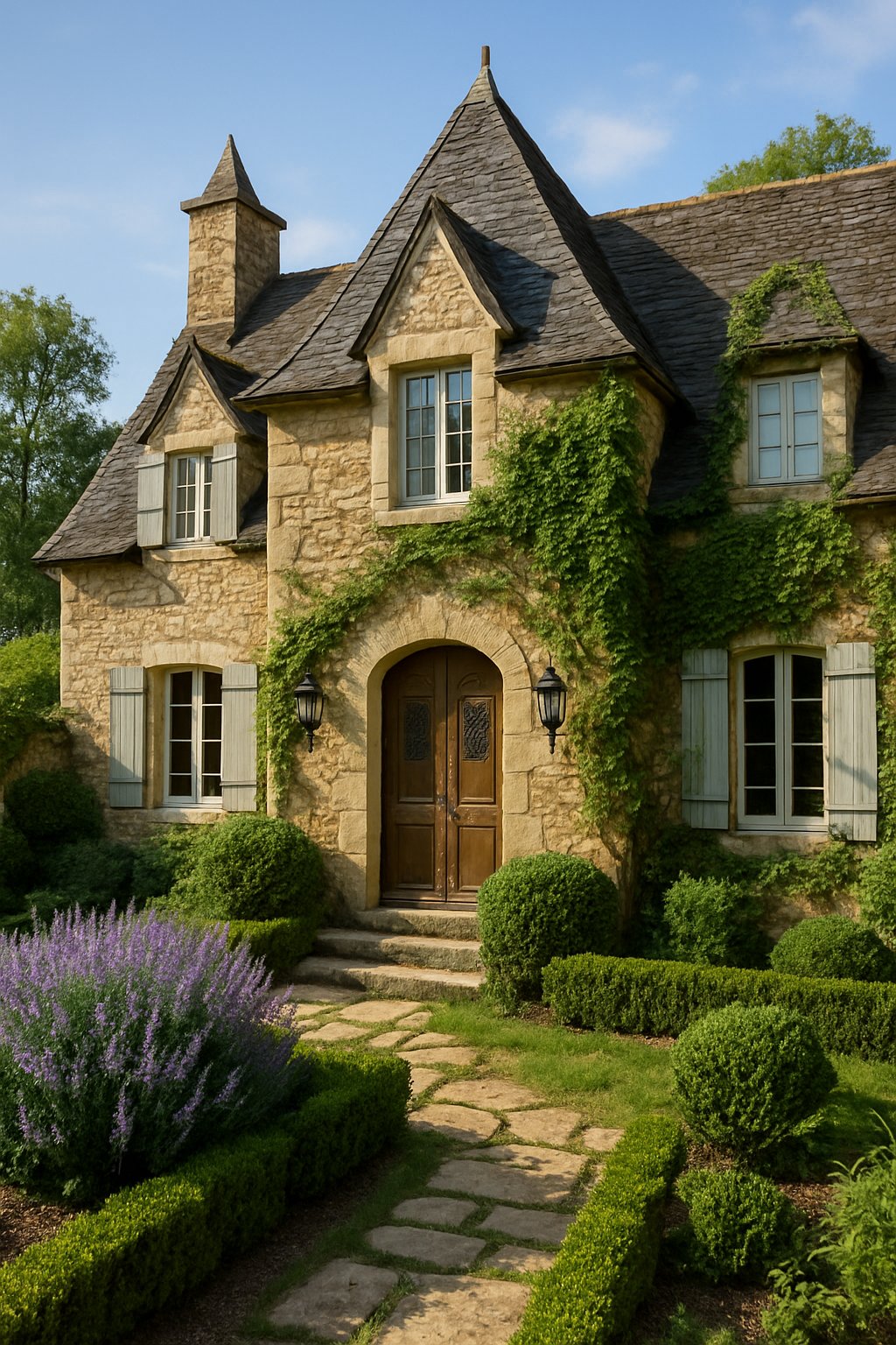 A stone cottage with pitched roofs, wooden shutters, climbing ivy, and a garden with lavender and stone pathways under a clear sky.