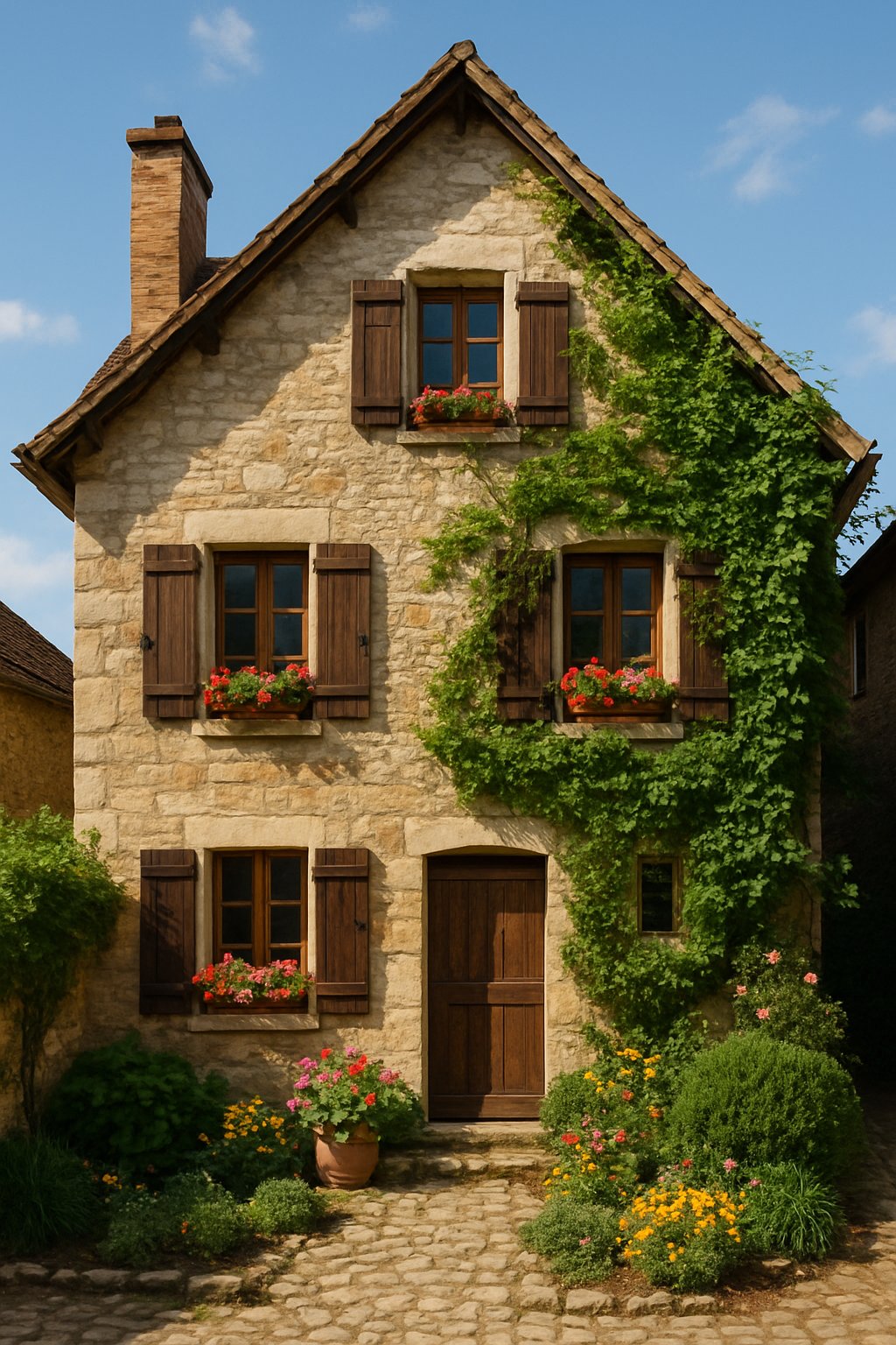 Exterior view of an old house with stone walls, wooden shutters, a tiled roof, and a garden pathway.