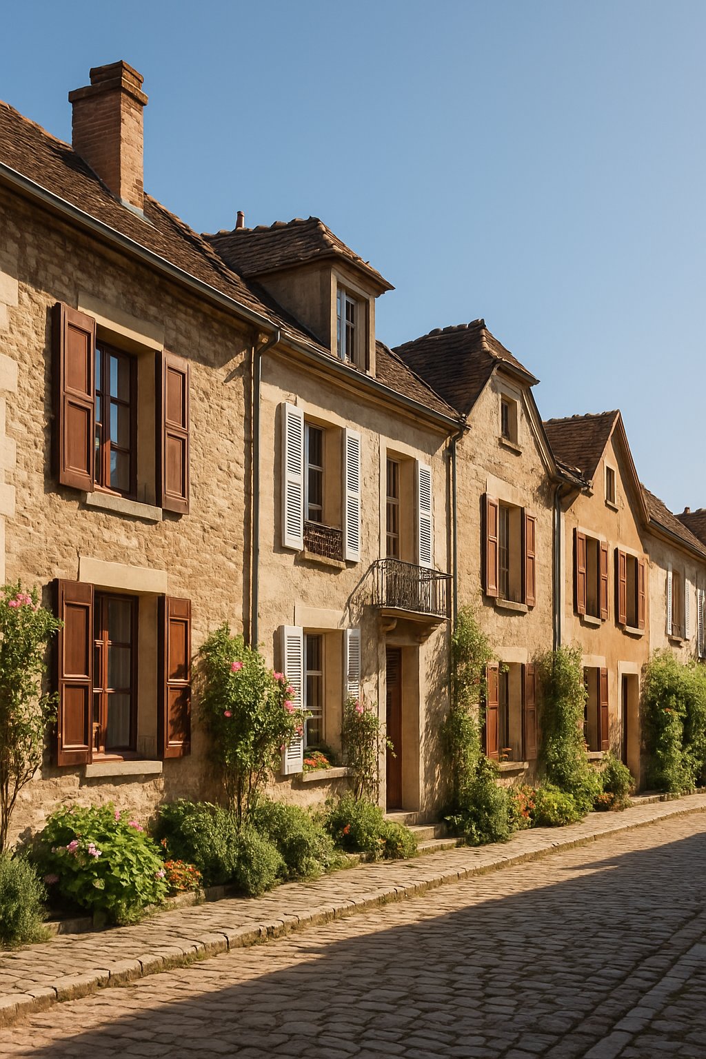 A row of historic European houses along a cobblestone street with greenery and flowers.
