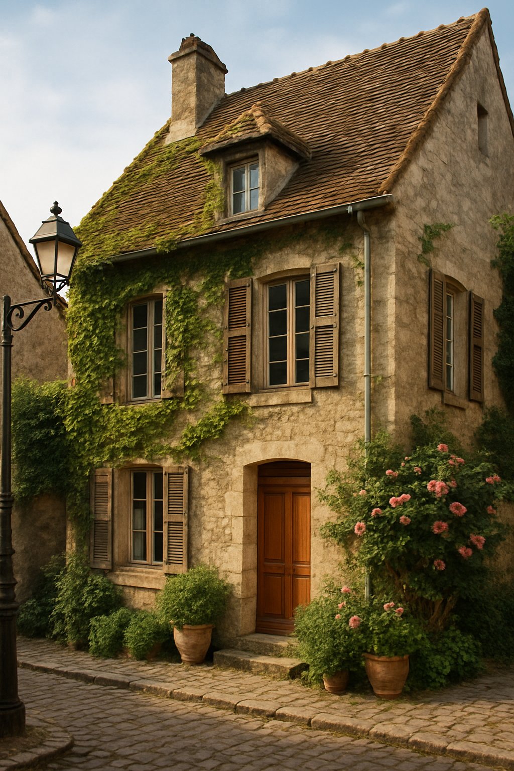 An old European house with stone walls, wooden shutters, and a tiled roof on a cobblestone street surrounded by plants.