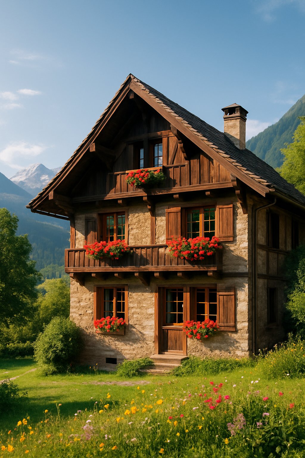 An old European chalet house surrounded by trees and mountains under a clear sky.