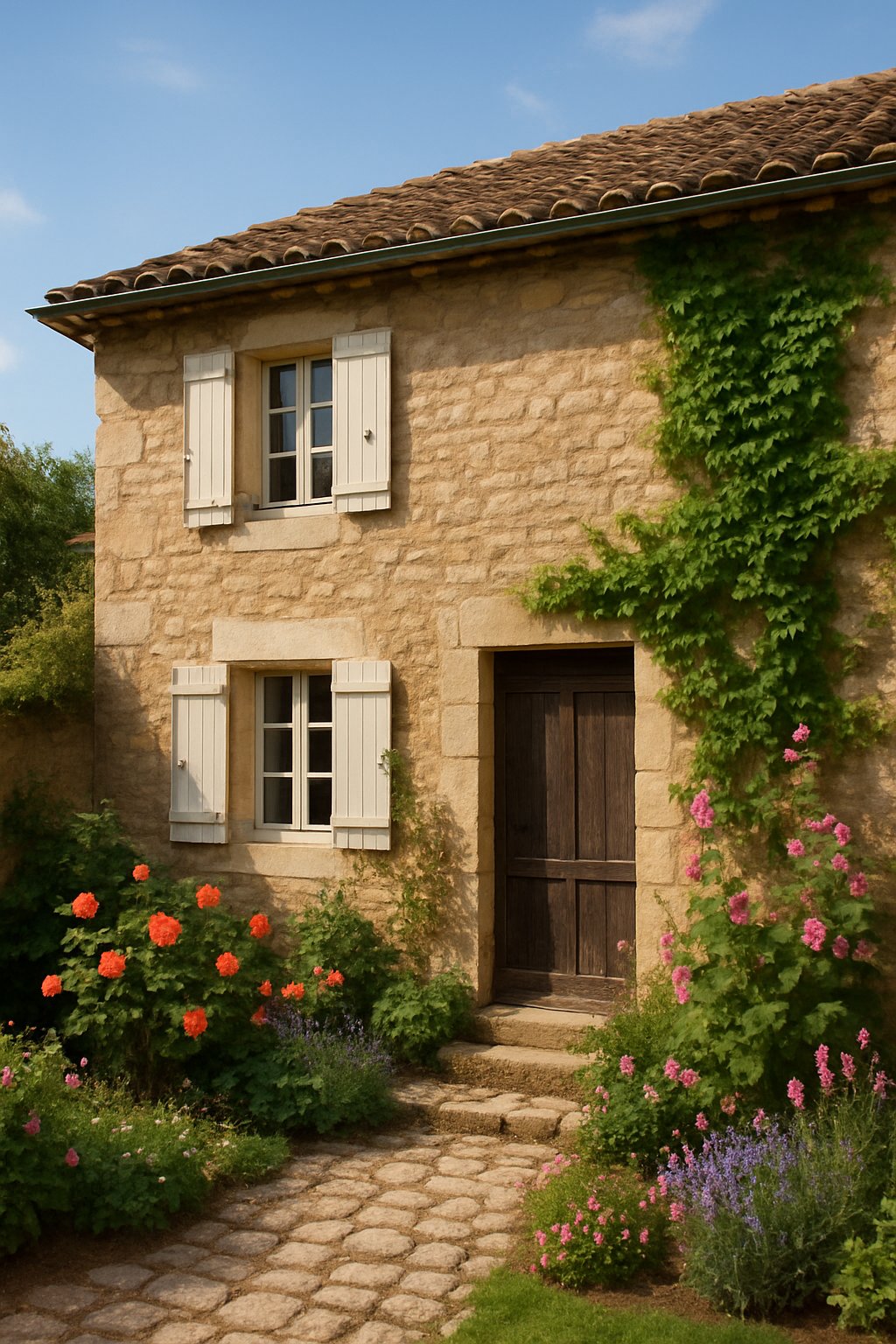 Exterior of an old European house with stone walls, wooden shutters, a tiled roof, and a garden with flowers and cobblestone paths.