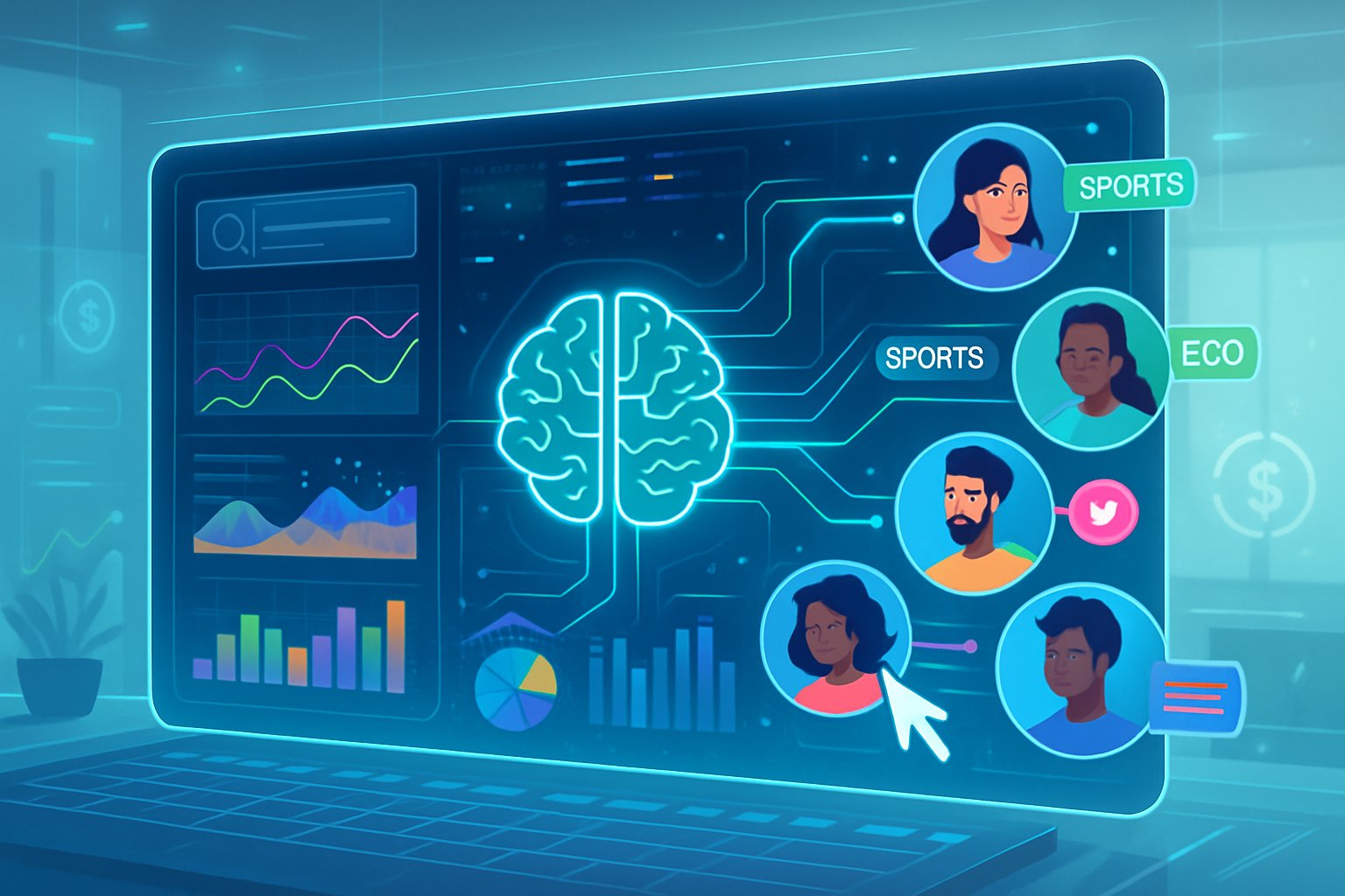 A digital dashboard showing AI-driven data analytics connected to diverse user profiles representing personalized online advertising campaigns.