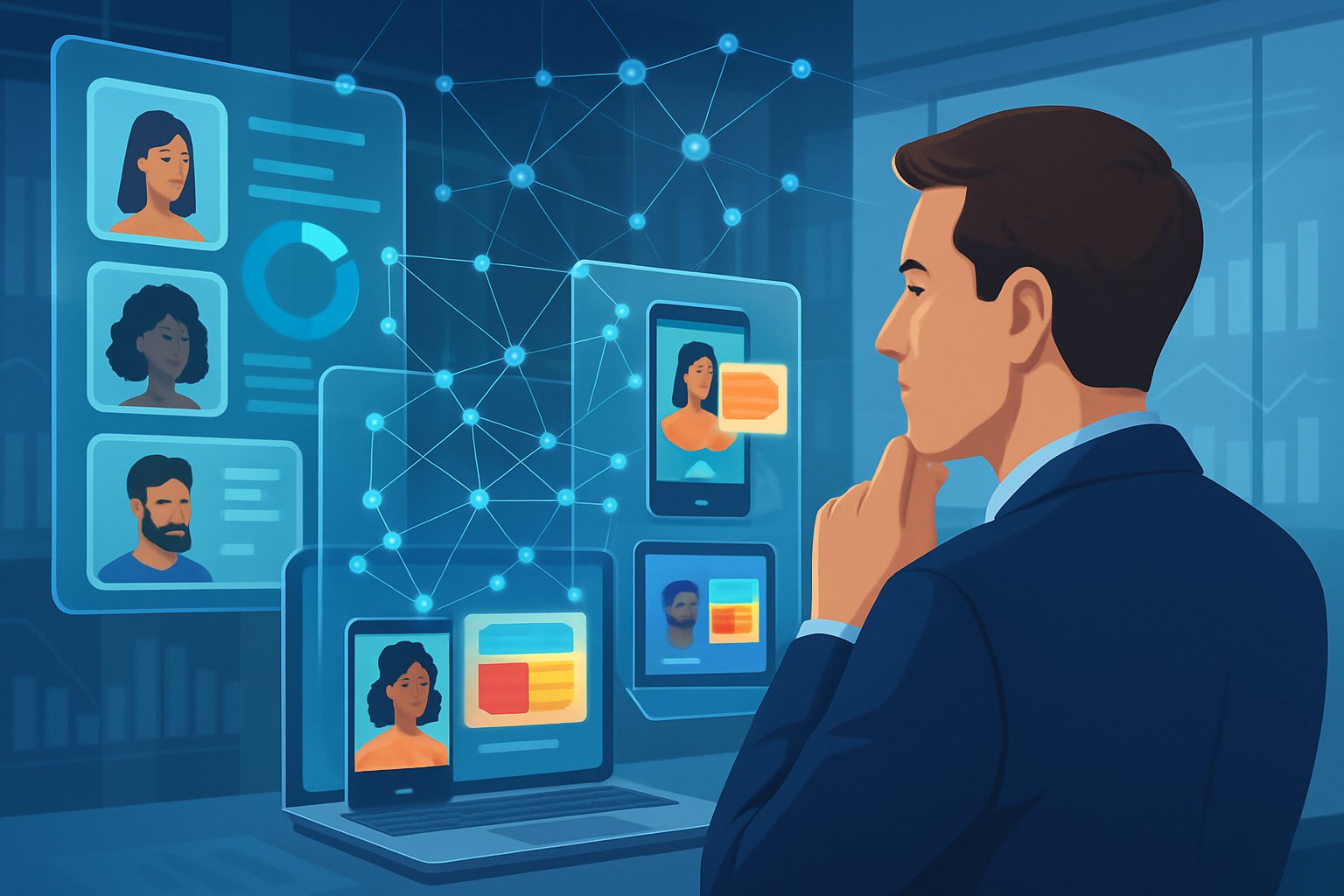 A digital marketing expert reviewing personalized customer data and targeted ads on multiple transparent screens in a modern office setting.