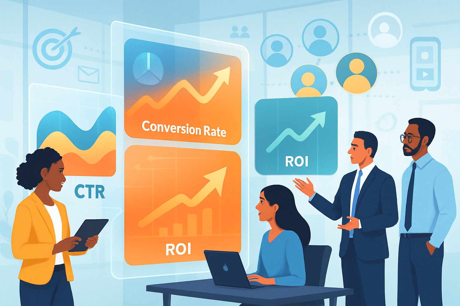 A group of marketing professionals analyzing interactive data charts and graphs showing improved campaign performance in a modern office setting.