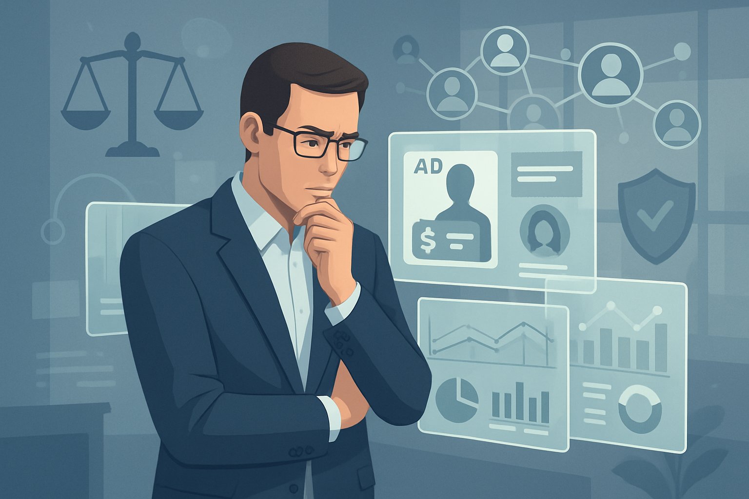 A business professional reviewing digital screens with personalized ads, data charts, and icons representing privacy, fairness, and user connections in a modern office setting.