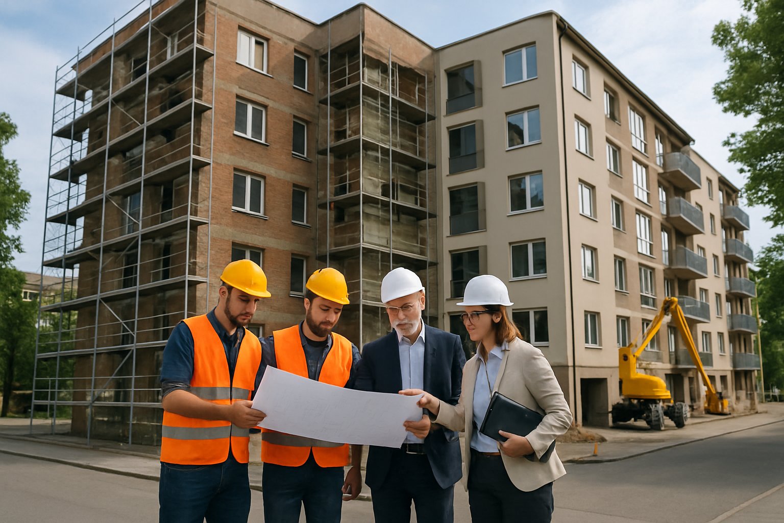 Construction workers and architects reviewing blueprints near a mid-rise residential building undergoing renovation in an urban area.