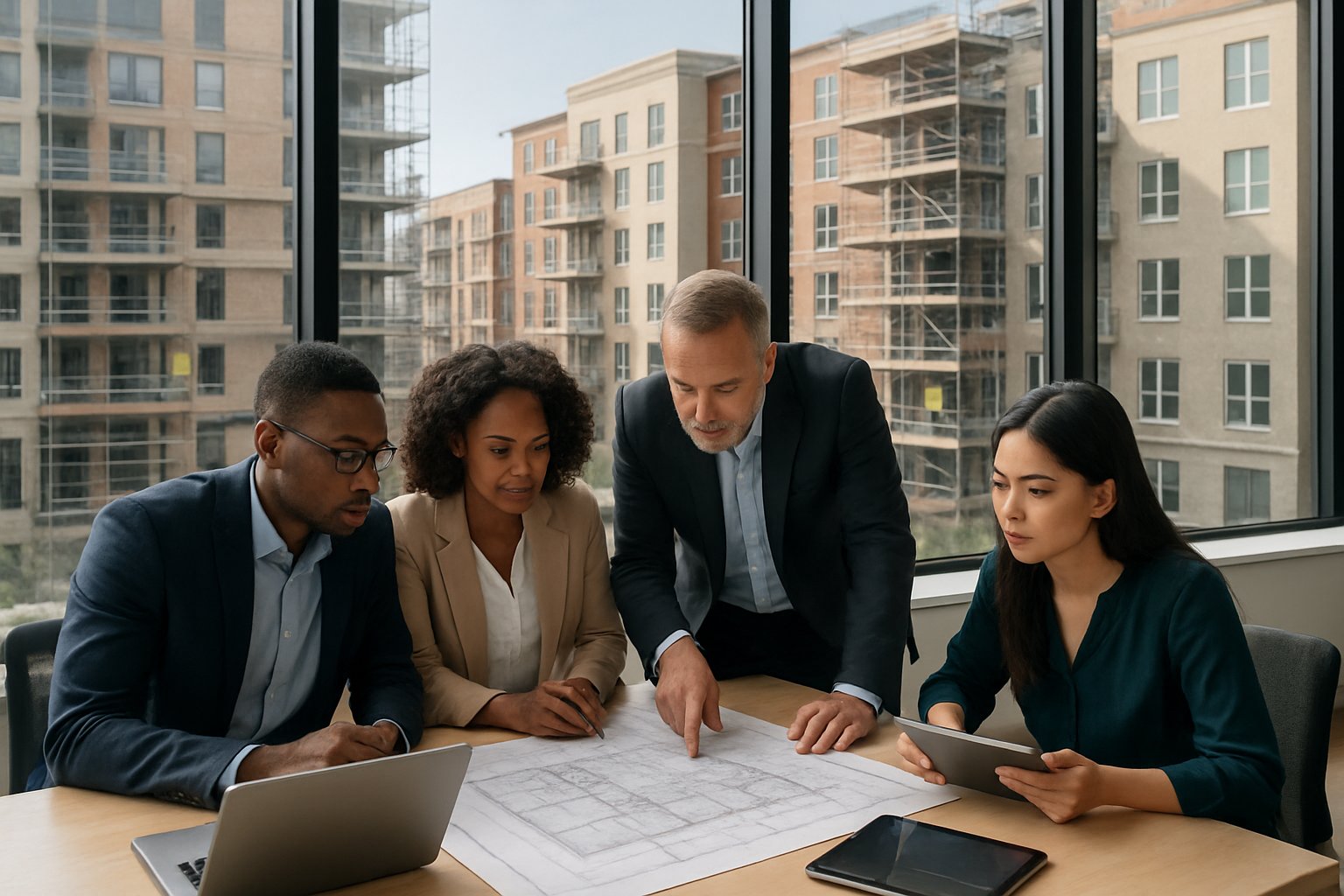 A group of professionals discussing building plans around a table with blueprints and laptops, with mid-rise buildings under renovation visible through large office windows.