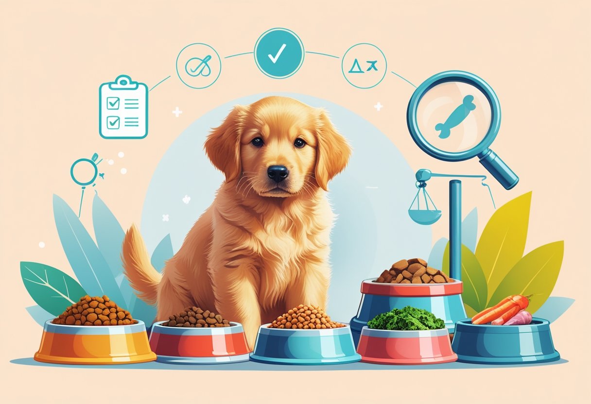 Ein Welpe sitzt neben verschiedenen Futternäpfen mit unterschiedlichem Welpenfutter, umgeben von Symbolen für Test und Vergleich.