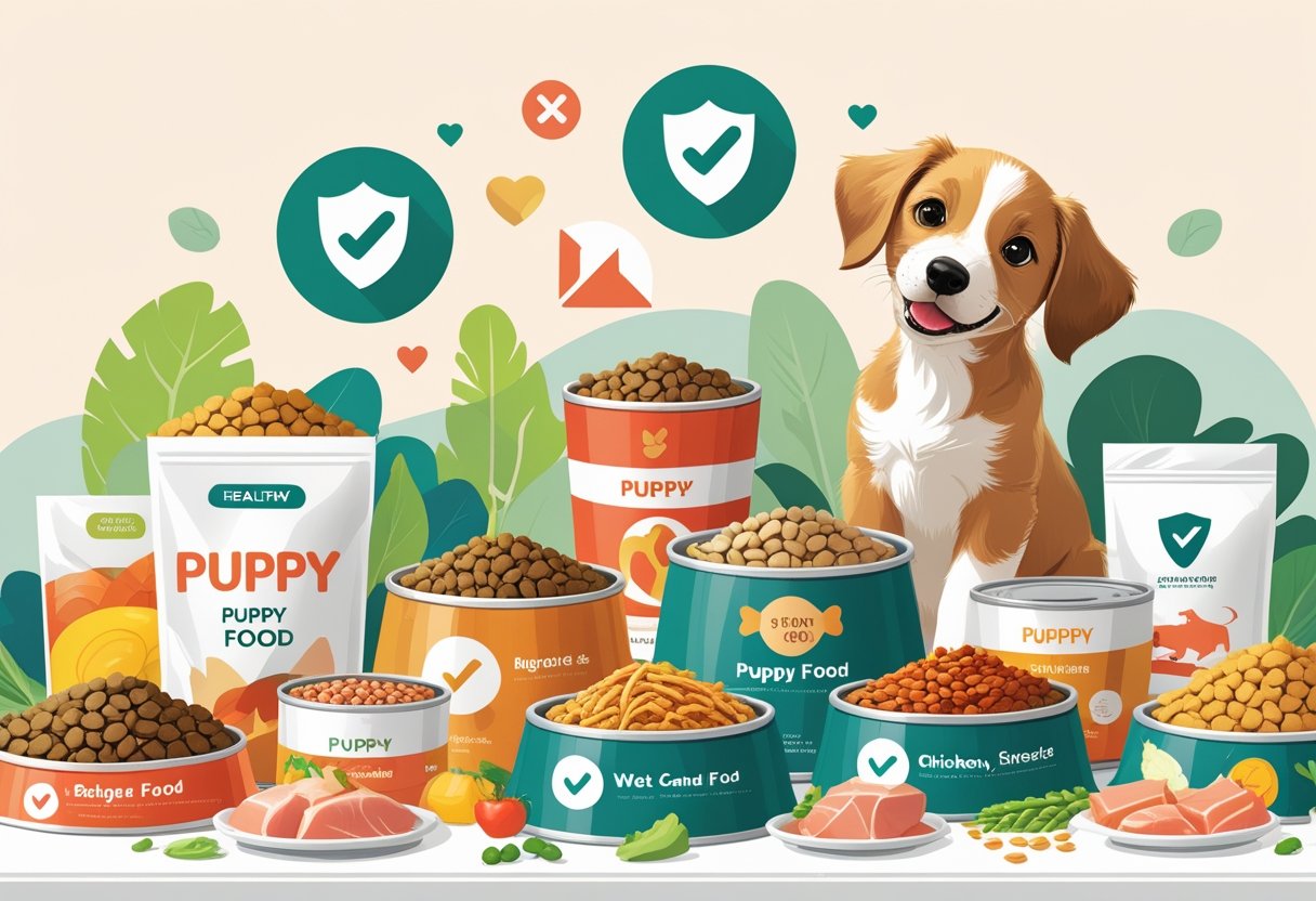 Ein gesunder Welpe sitzt neugierig neben verschiedenen Arten von Welpenfutter, die auf einem Tisch arrangiert sind.