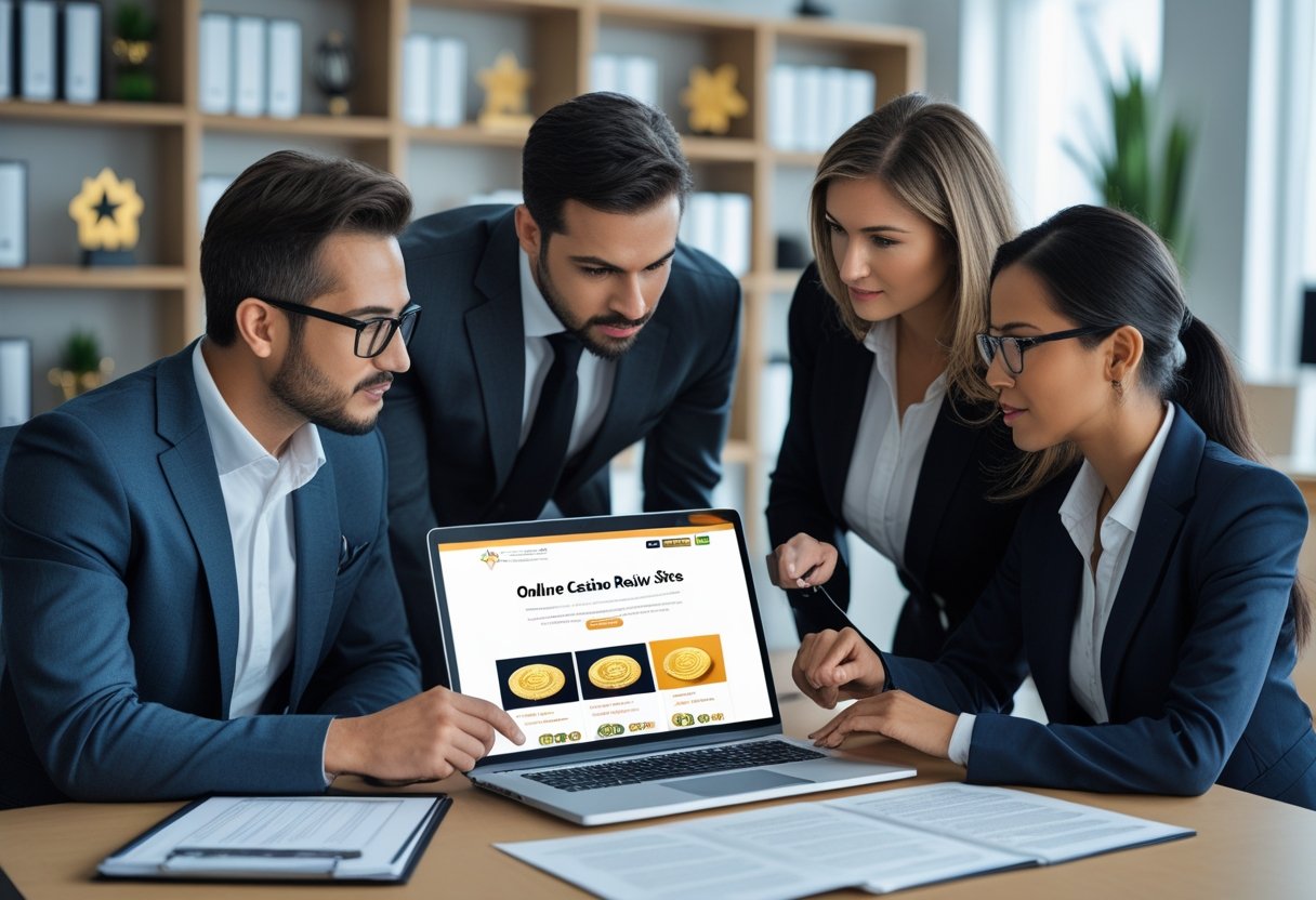 Three professionals reviewing casino-related content on a laptop in a modern office.