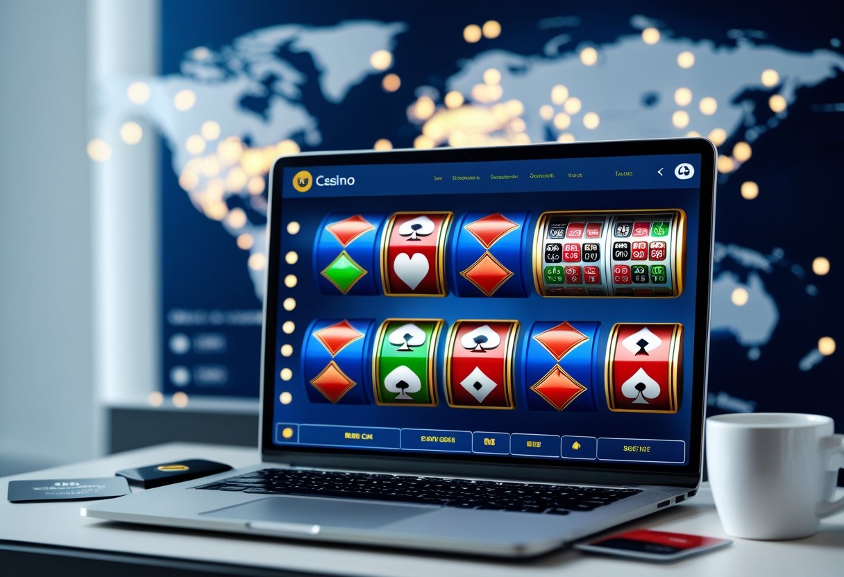 A modern workspace with a laptop showing an offshore online casino 