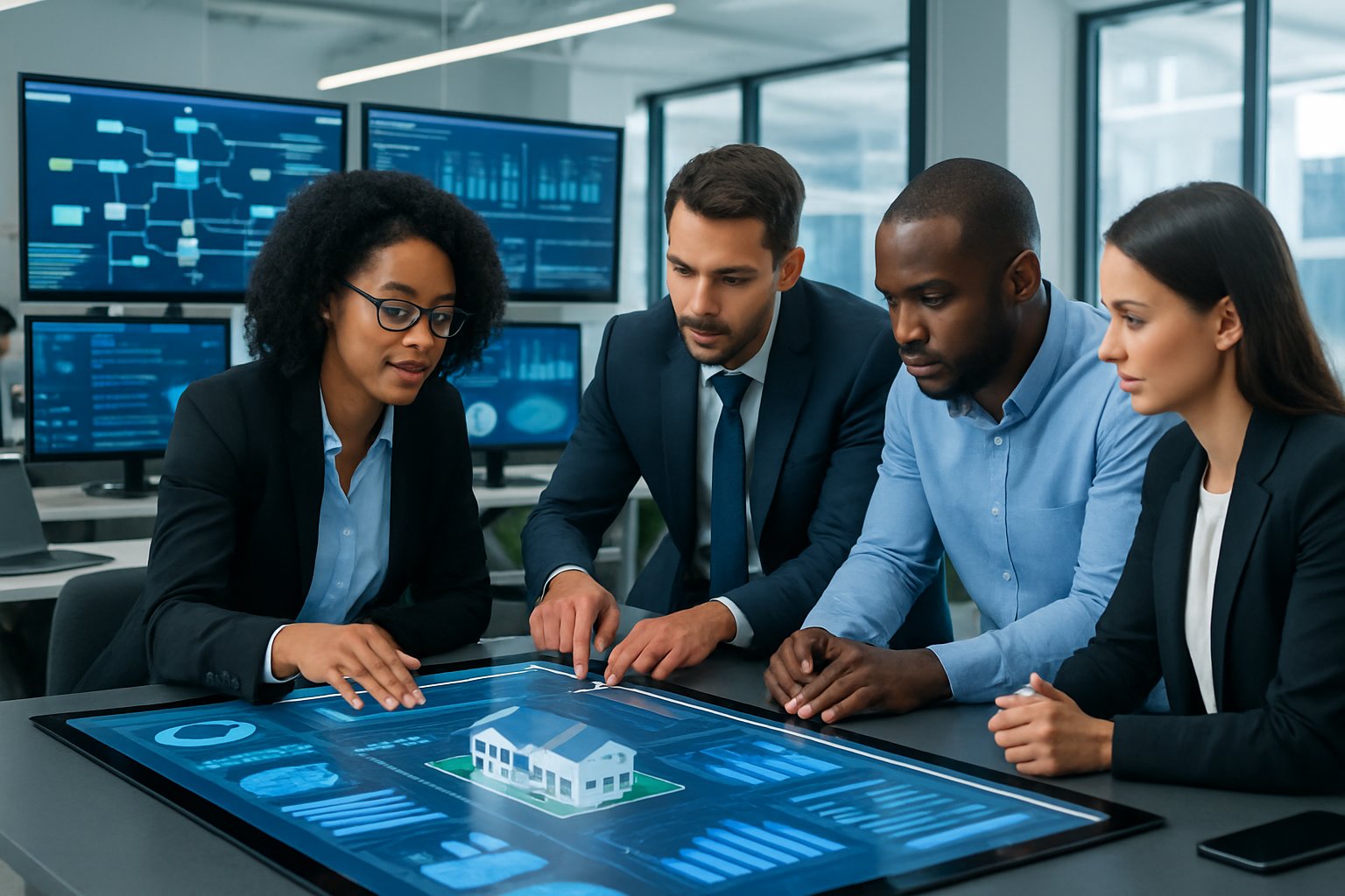 Business professionals collaborating around a digital touchscreen table displaying real estate investment data in a modern office.