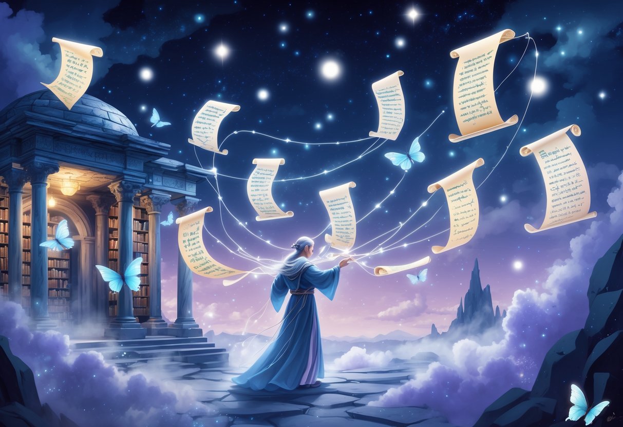 Čarobna scena sa starom knjižnicom u zraku, gdje mudra figura okružena svjetlucavim svitcima i svjetlosnim nitima simbolizira prošlo vrijeme.