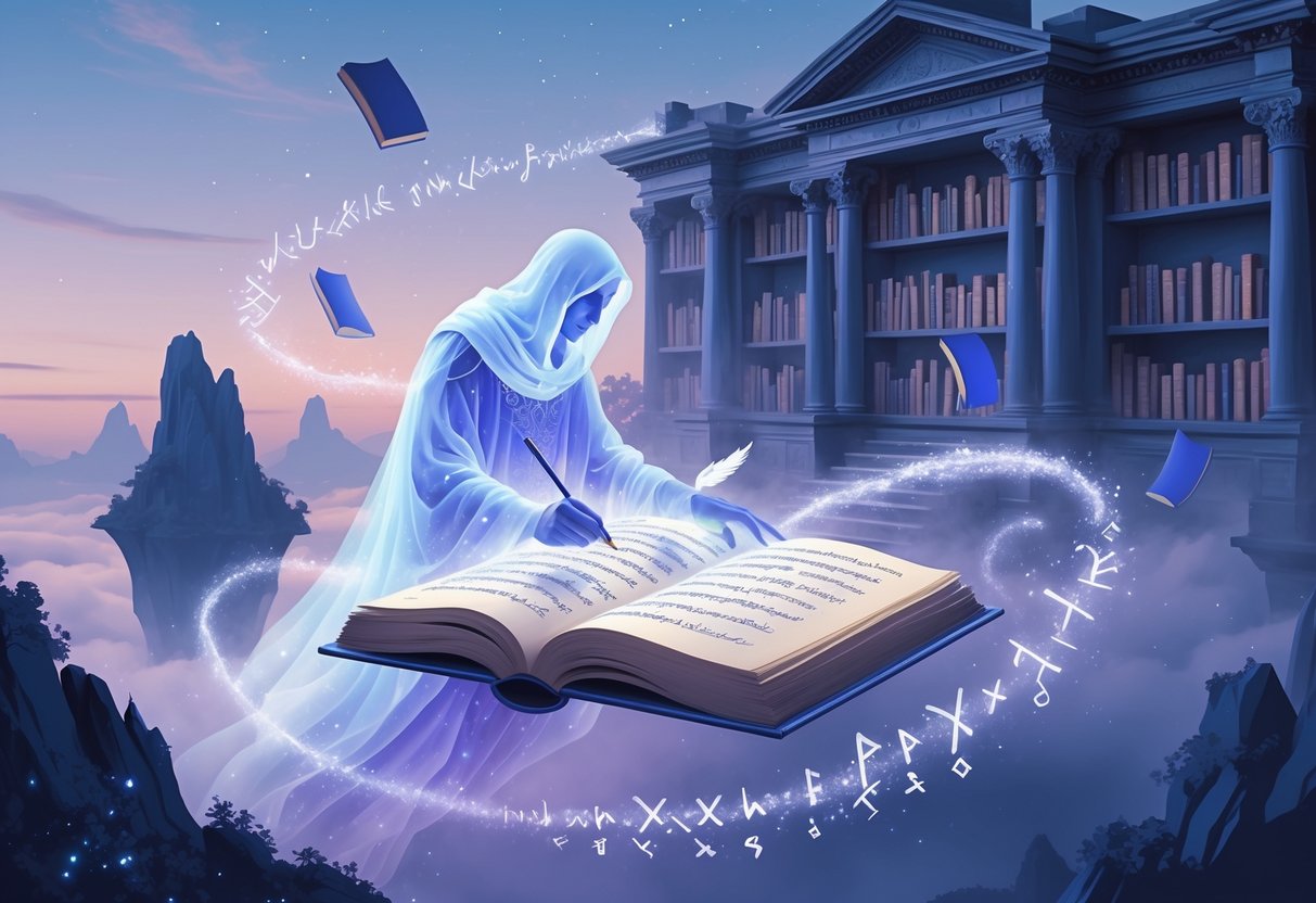 Mistično okruženje s lebdećim knjigama i duhovnim likom koji piše u staroj knjizi, okruženo svjetlucavim magičnim runama i lebdećim otocima u daljini.