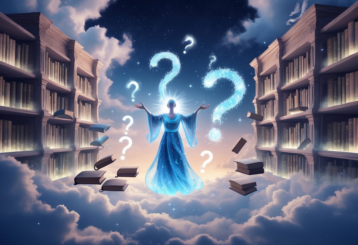 Čarobna scena s lebdećom knjižnicom u nebu, svjetlucavim knjigama i likom koji gestikulira okružena svjetlećim znakovima pitanja.