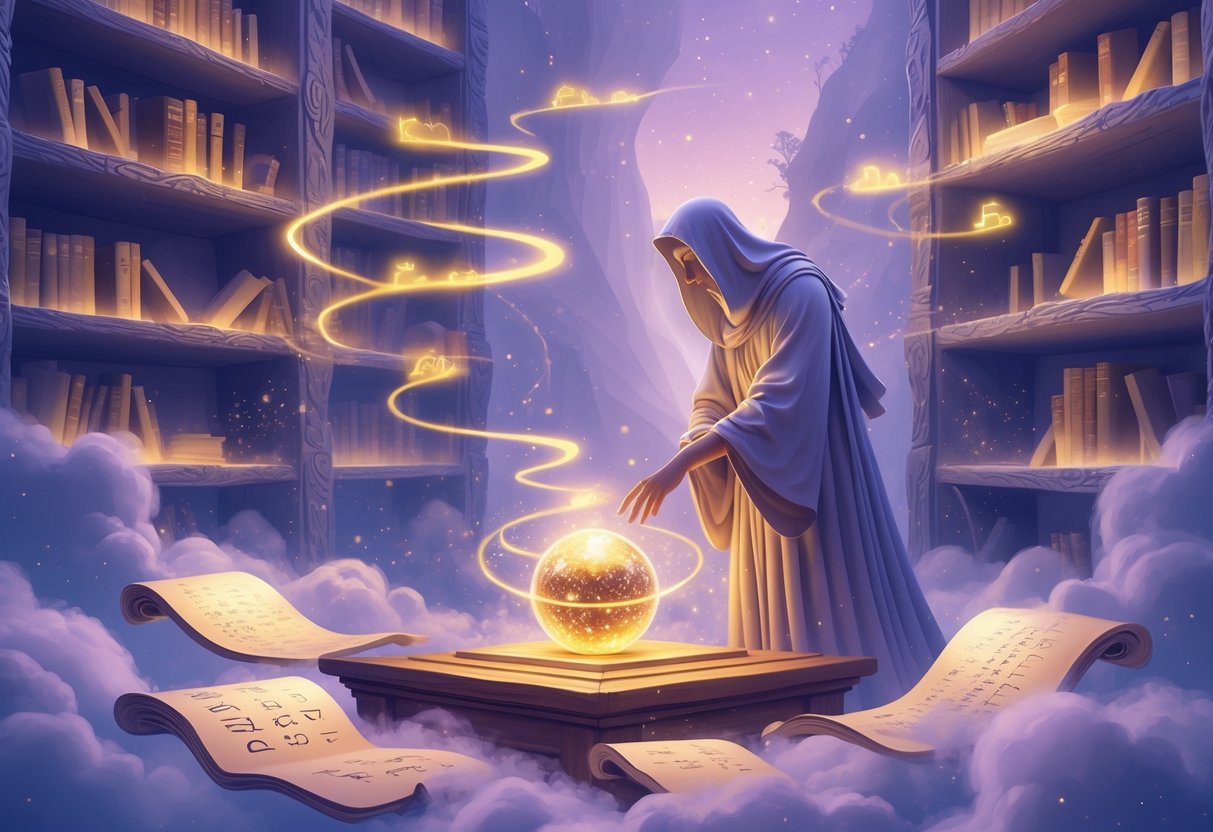 Mistično okruženje sa starom knjižnicom i likom u ogrtaču koji dodiruje svjetleću kuglu, okružen plutajućim knjigama i simbolima.