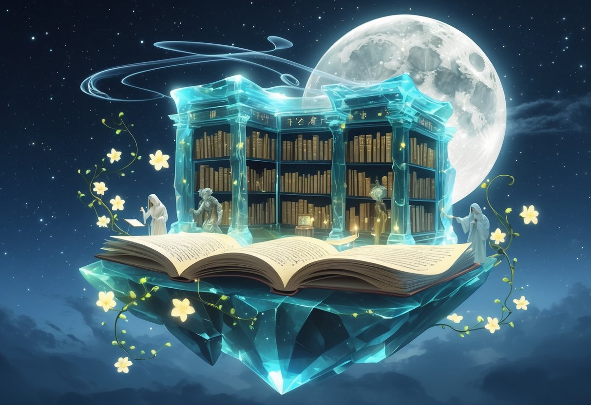 Mistična scena s lebdećom knjižnicom u noćnom nebu, okružena svjetlucavim knjigama i svjetlosnim maglama, s duhovima učenjaka koji pišu.