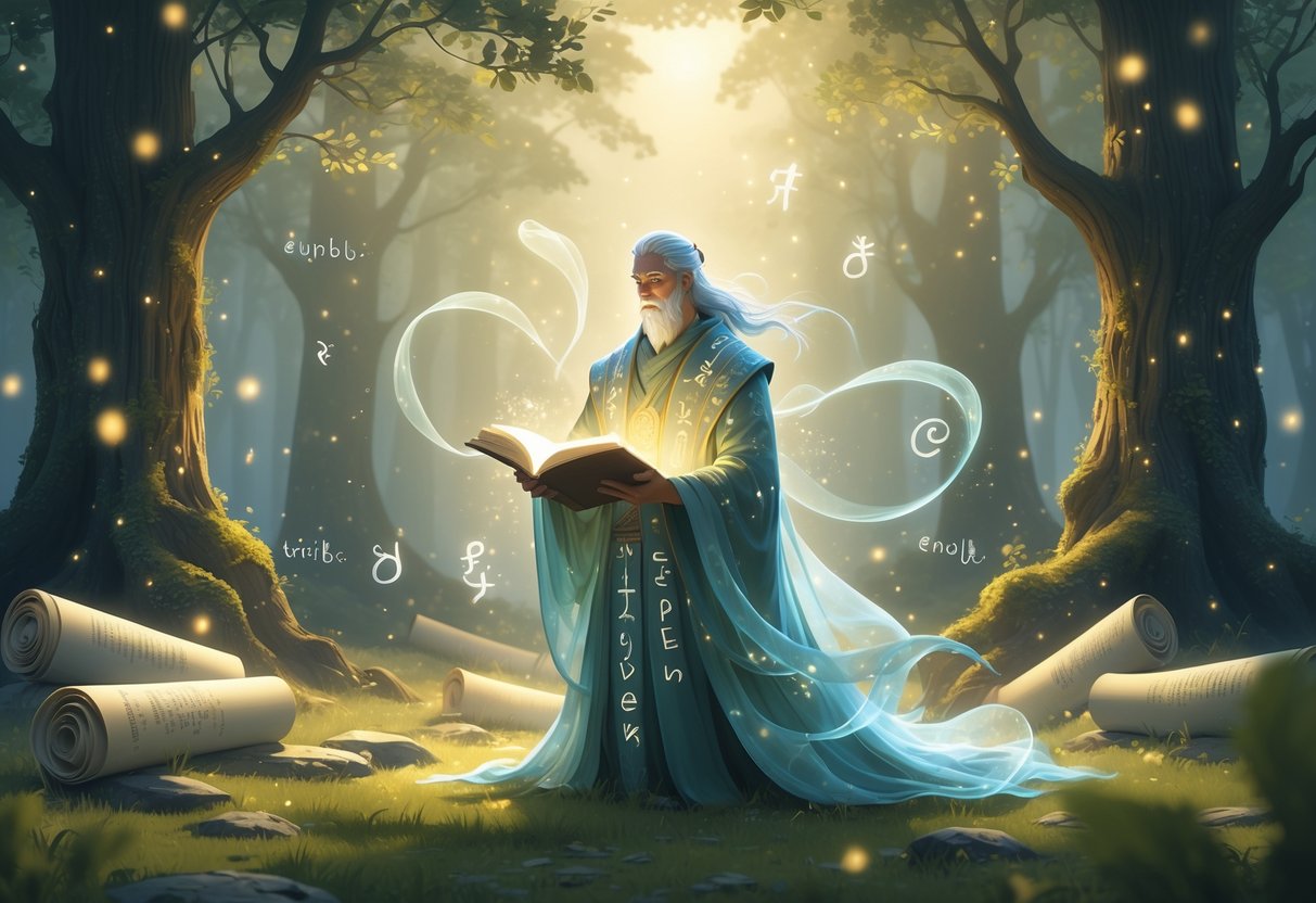 Mistična šumska scena s mudrim likom koji drži svjetleću knjigu, okružen lebdećim simbolima i riječima, u mirnom i čarobnom okruženju.