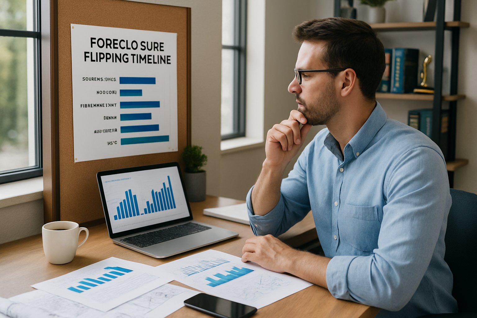 A real estate investor reviewing foreclosure flipping timelines in an office with documents and a laptop.