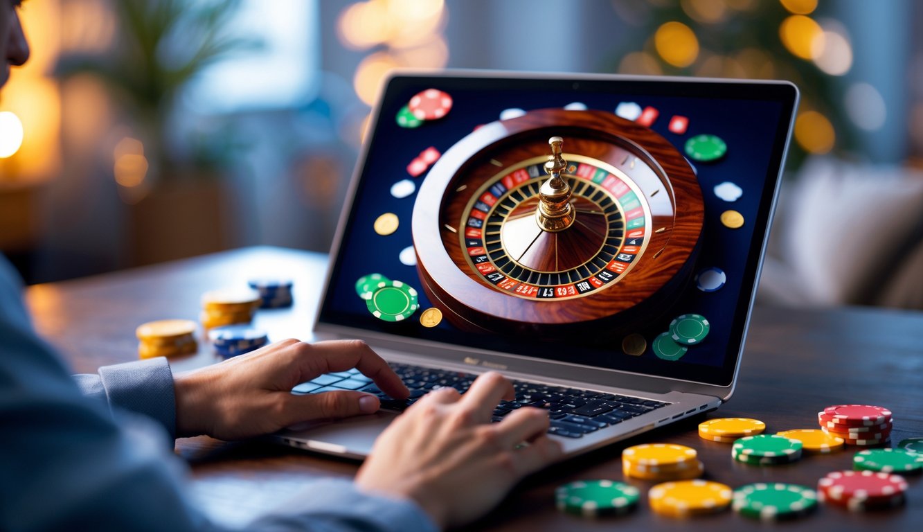 Seseorang menggunakan komputer dengan tampilan roda roulette digital dan chip warna-warni di layar.