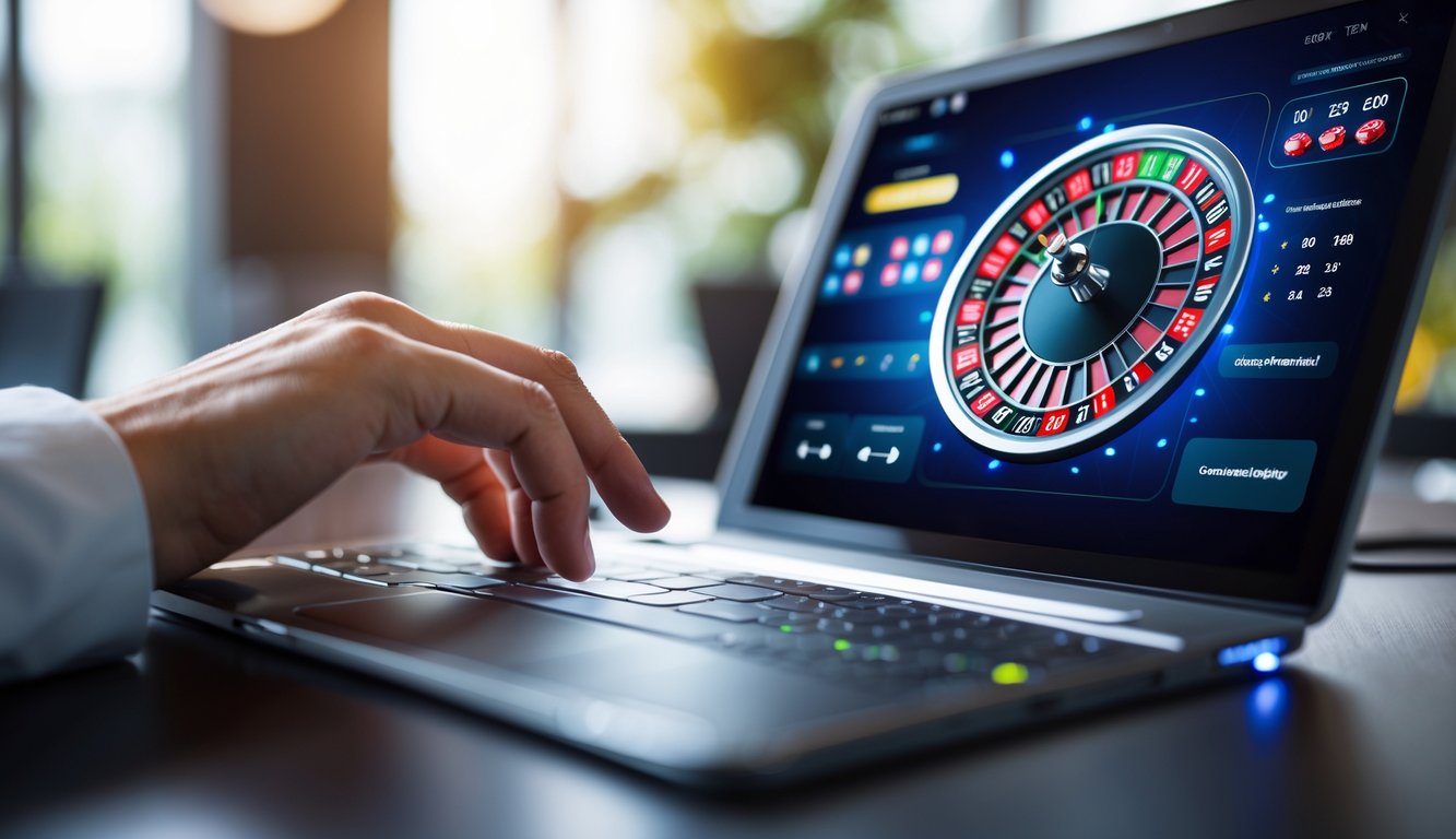 Tangan pengguna sedang berinteraksi dengan layar perangkat yang menampilkan roda roulette kasino online.