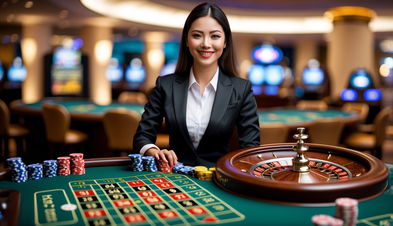 Seorang dealer roulette wanita berdiri di belakang meja roulette dengan roda roulette yang sedang berputar di kasino.