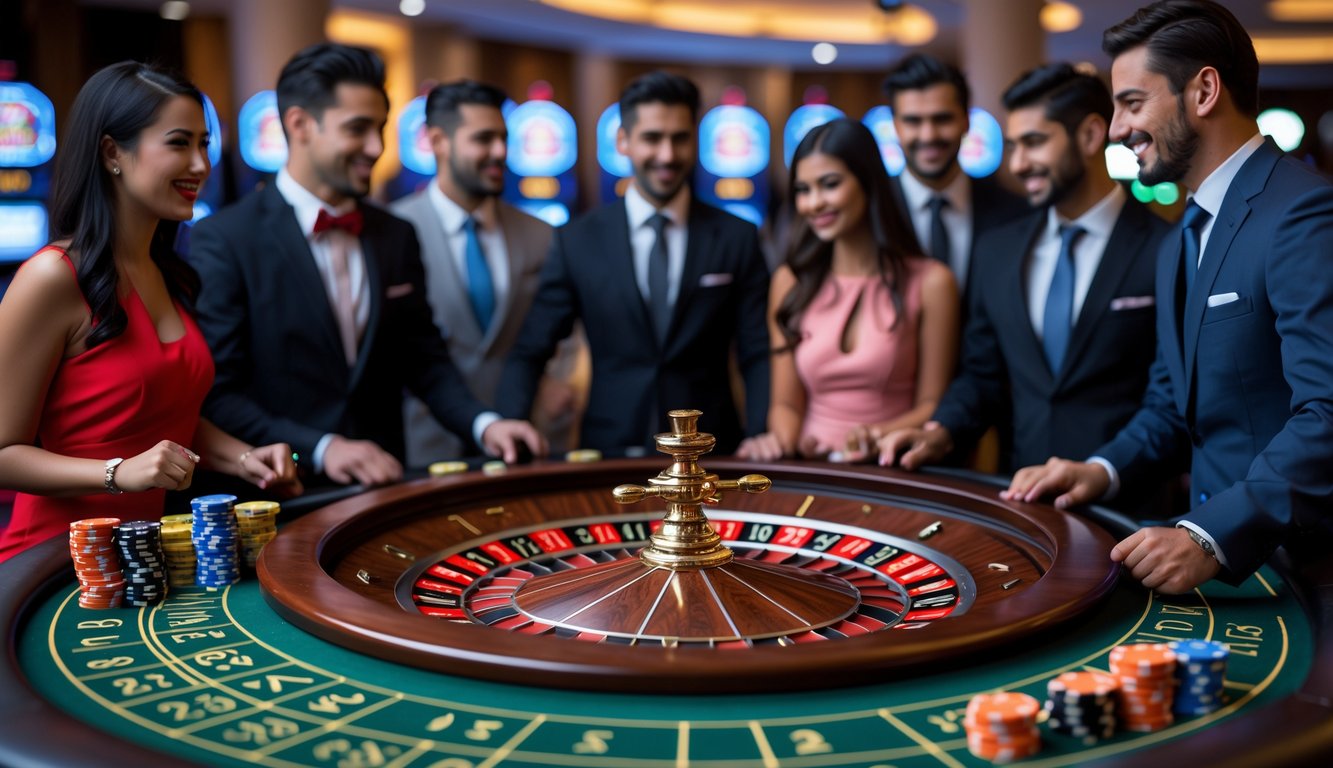 Meja roulette di kasino dengan orang-orang yang sedang bermain dan suasana yang elegan.