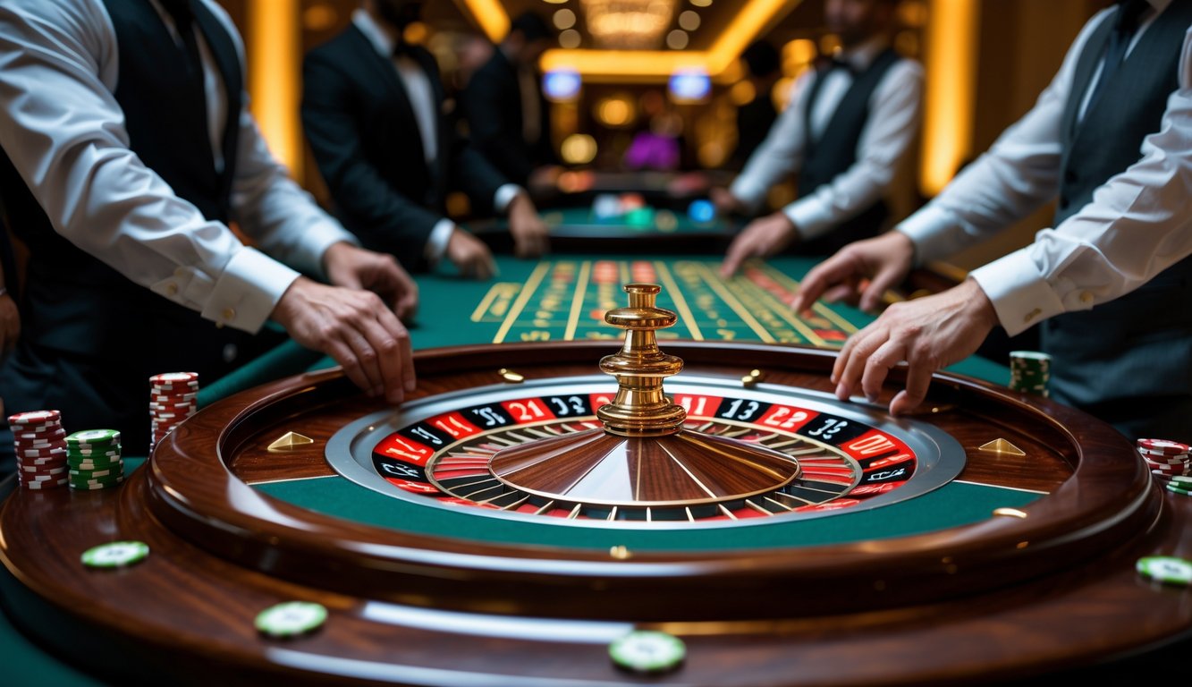 Meja roulette kasino dengan roda roulette yang berputar dan pemain yang memasang chip di sekitarnya.