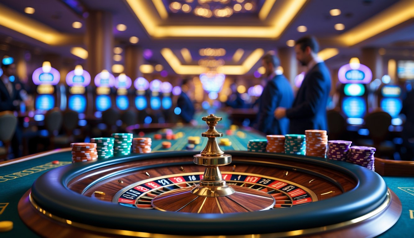 Meja roulette di kasino dengan tumpukan chip warna-warni dan pemain yang sedang bermain.