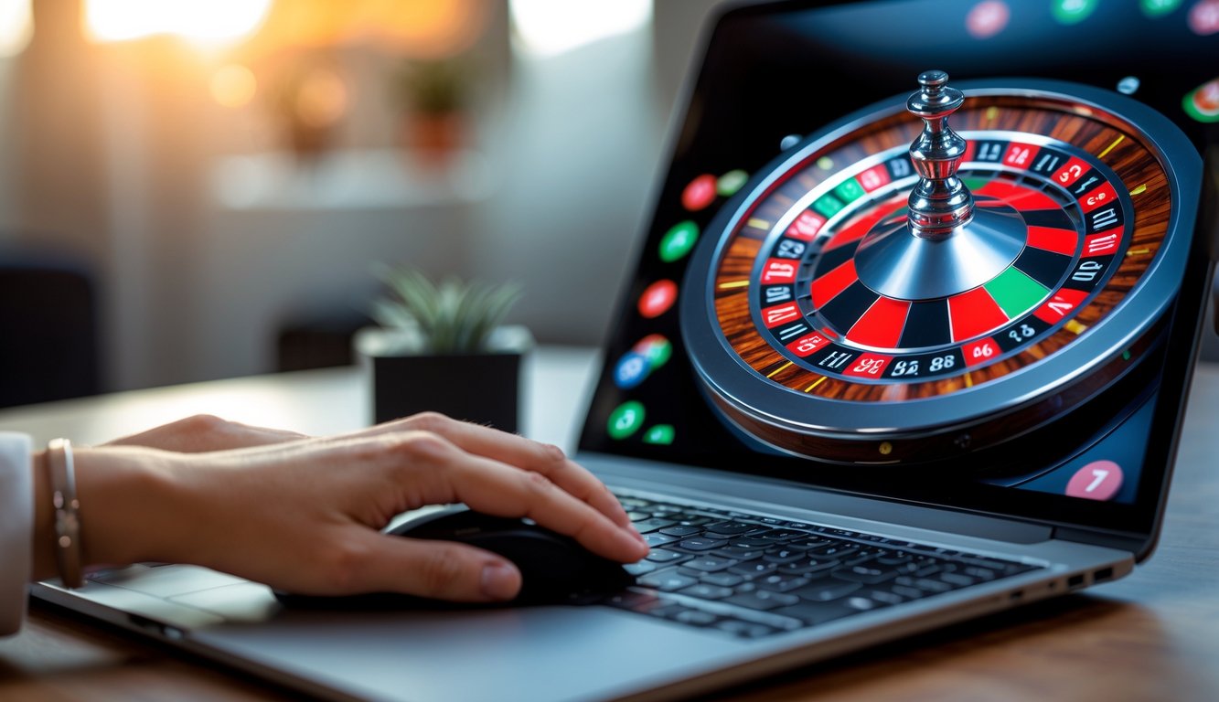 Tangan seseorang siap bermain roulette online di depan layar komputer dengan roda roulette digital terlihat jelas.