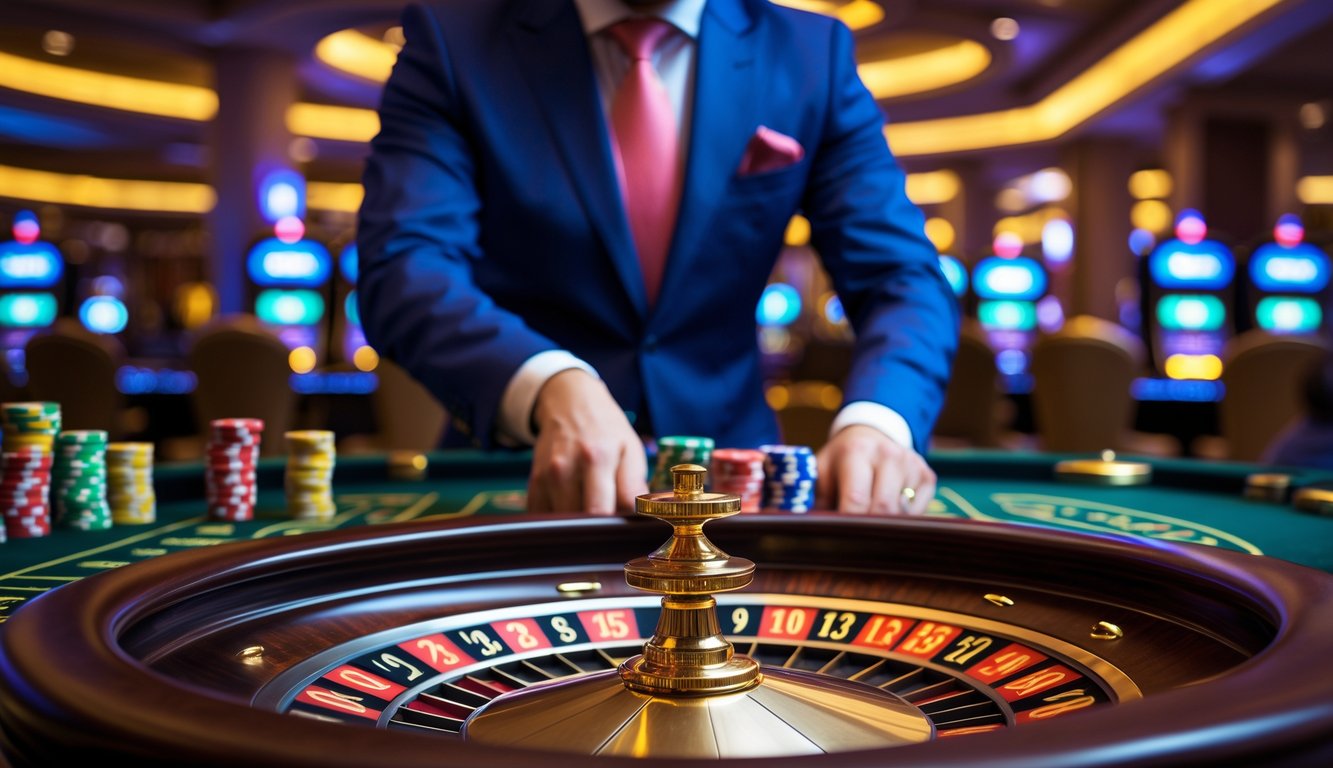 Seorang dealer di meja roulette di dalam kasino mewah dengan tumpukan chip warna-warni dan suasana yang hidup.