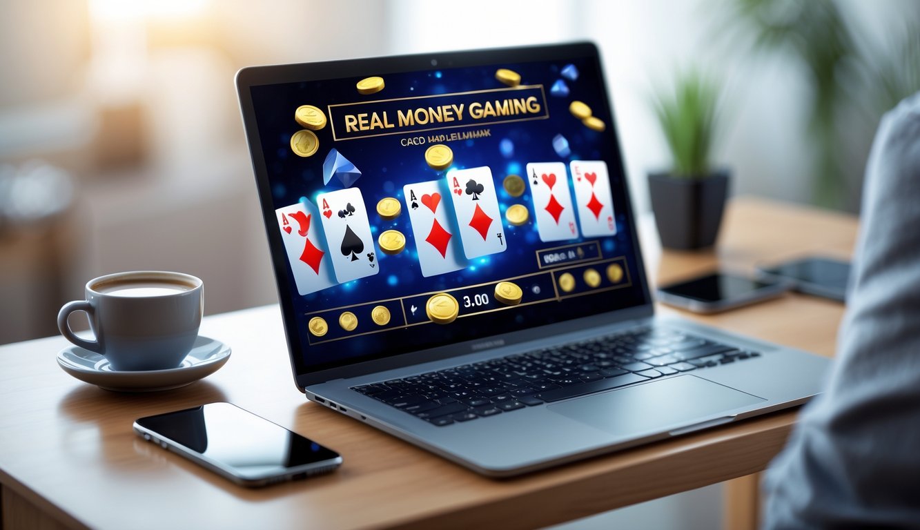 Seorang pemain menggunakan laptop di meja kayu dengan tampilan permainan kartu online dan chip taruhan, di ruang kerja yang nyaman.