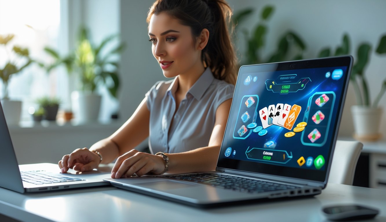 Seorang wanita fokus bermain permainan kartu online di depan laptop di ruang kerja rumah yang modern.