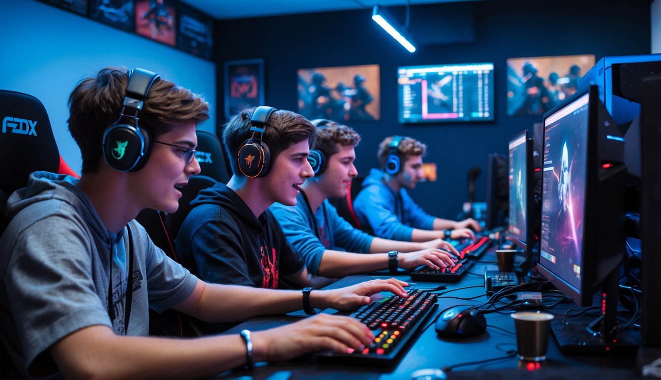 Beberapa orang muda sedang bermain game tembak-tembakan di sebuah ruangan gaming dengan komputer dan peralatan gaming.