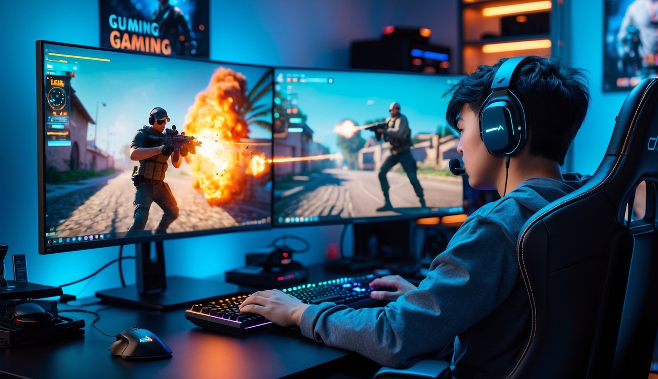 Seorang gamer sedang bermain game tembak-menembak di depan komputer dengan dua monitor di ruang bermain yang dilengkapi lampu LED dan perlengkapan gaming.