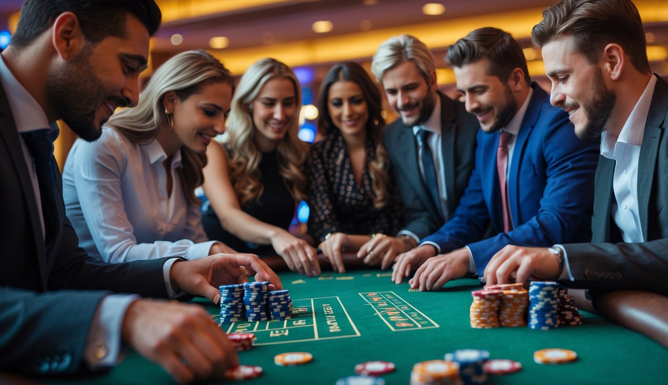 Orang-orang sedang bermain taruhan di meja kasino dengan chip poker dan kartu.