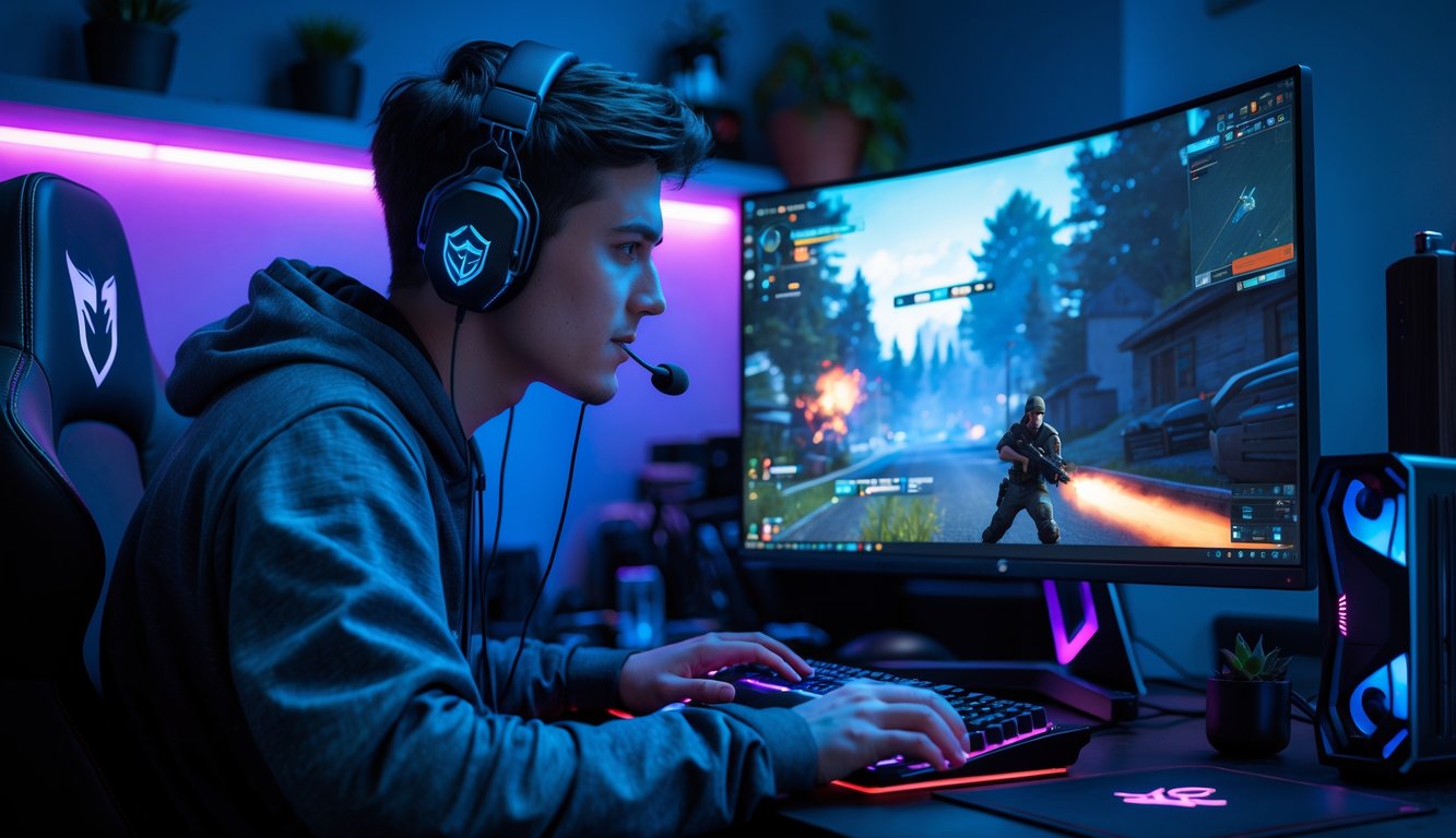 Seorang dewasa muda sedang bermain game tembak-menembak online di komputer dengan headset di ruang bermain yang terang dan modern.