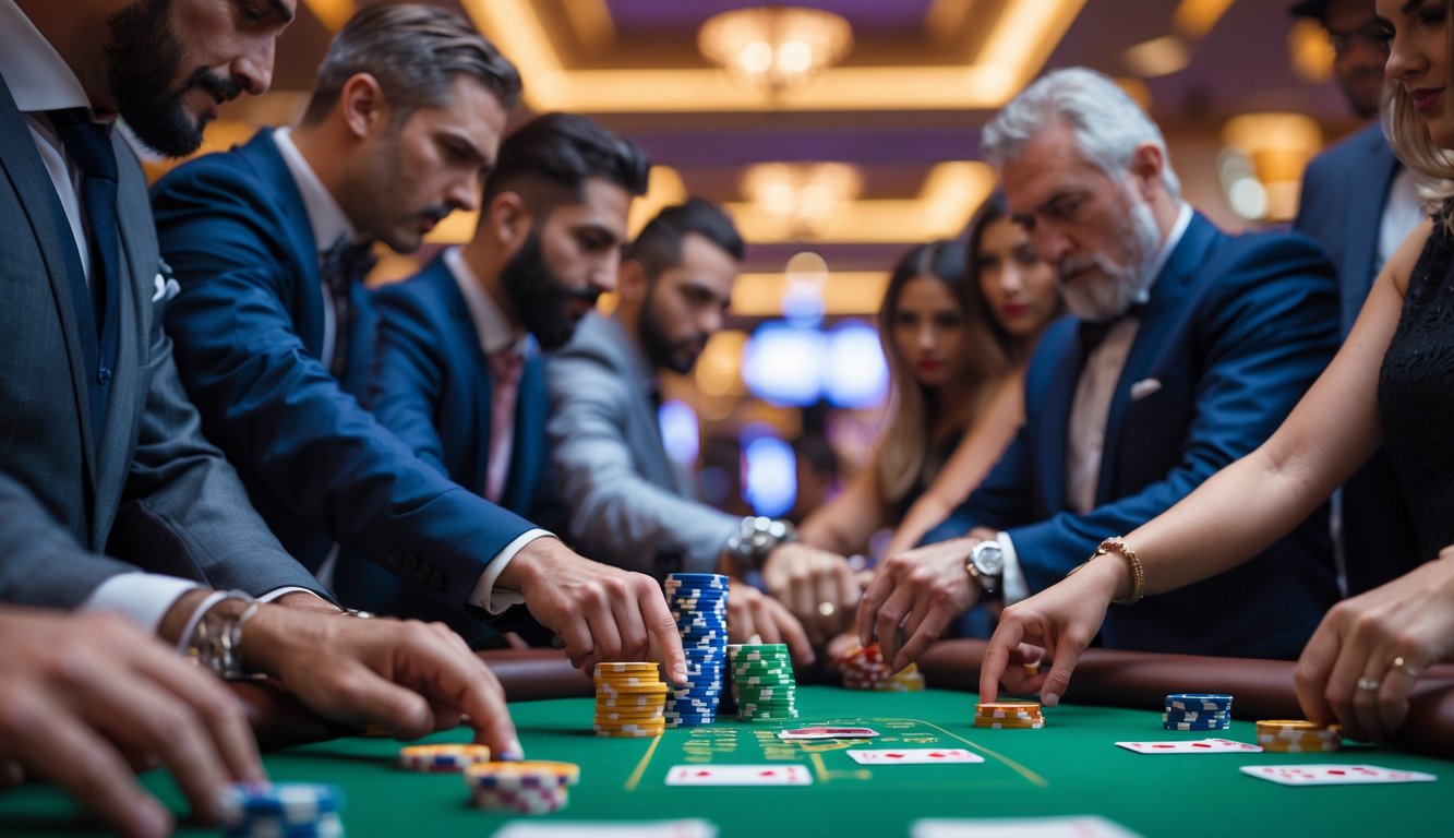 Sekelompok orang bermain judi kartu di meja kasino dengan tumpukan chip dan kartu yang terlihat jelas.