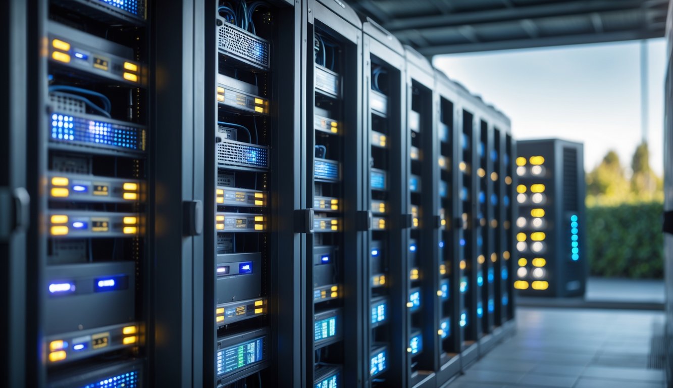 Foto server luar ruangan dengan rak server modern dan lampu indikator yang menyala di pusat data terbuka.
