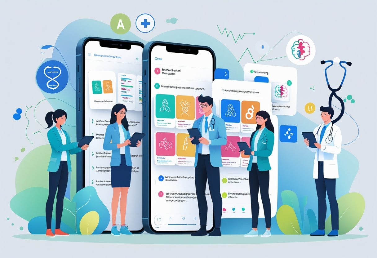 Estudantes de medicina usando dispositivos móveis com flashcards médicos, cercados por ícones representando funcionalidades do aplicativo.