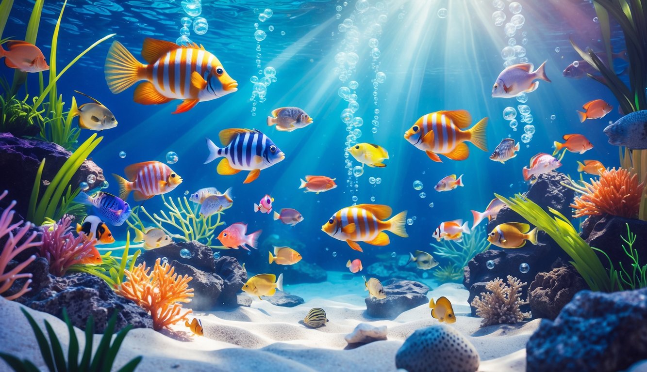 Pemandangan bawah laut dengan berbagai ikan tropis berwarna-warni berenang di antara terumbu karang dan tanaman air.