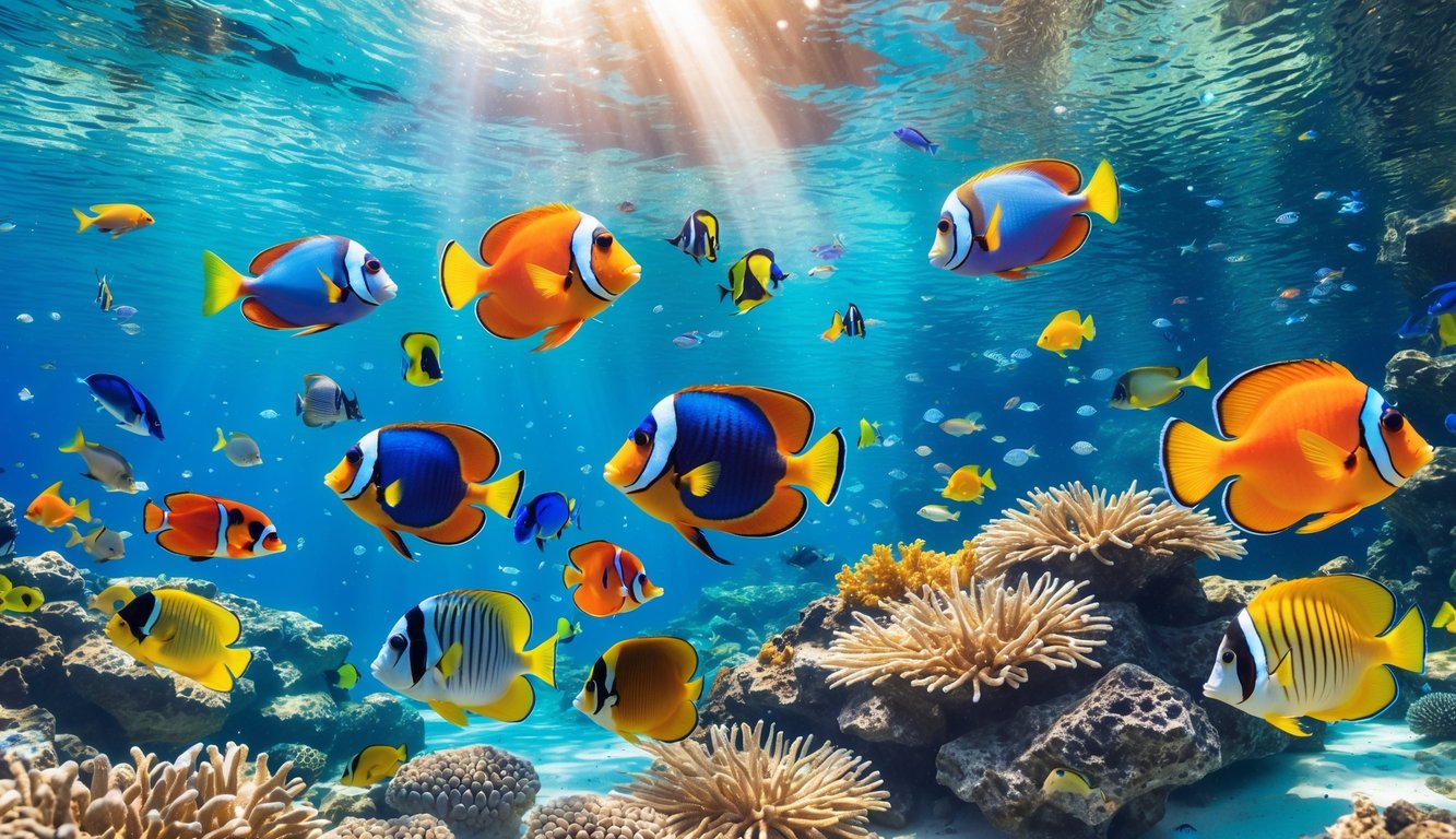 Pemandangan bawah laut dengan berbagai ikan tropis berwarna-warni berenang di sekitar terumbu karang.