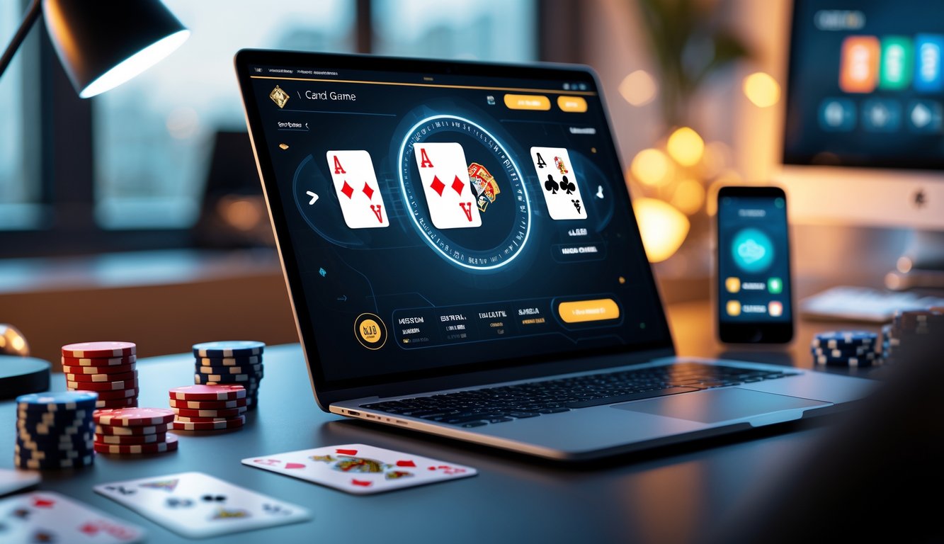 Meja kerja modern dengan laptop yang menampilkan permainan kartu online, dikelilingi kartu remi dan chip poker.