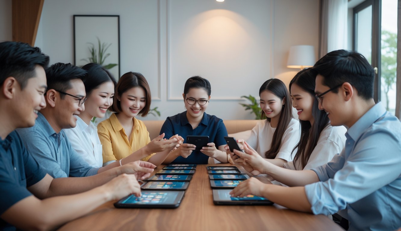 Beberapa orang bermain Capsa Susun secara online menggunakan perangkat digital di ruangan yang nyaman dan terang.