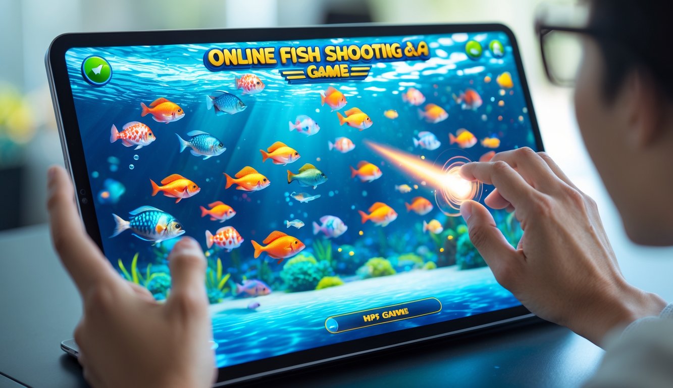 Seseorang sedang bermain permainan tembak ikan online di perangkat layar sentuh dengan latar belakang grafis ikan yang berwarna-warni.