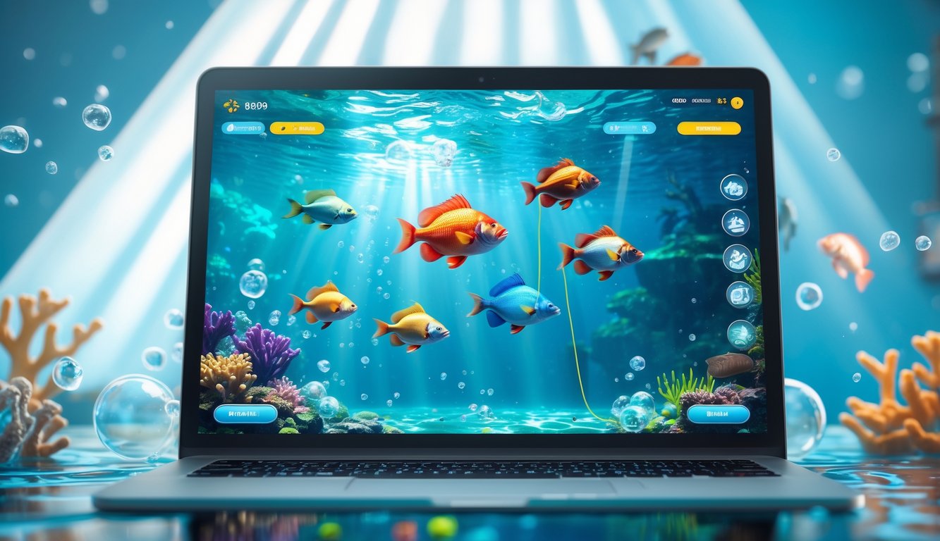 Layar perangkat menampilkan permainan memancing ikan dengan ikan berwarna-warni di latar bawah laut.