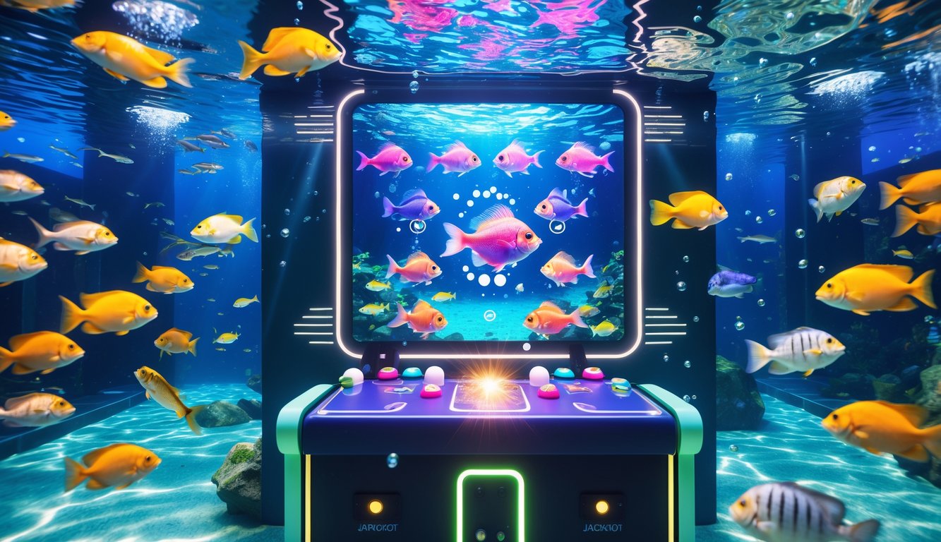 Suasana permainan arcade tembak ikan dengan ikan berwarna-warni di bawah laut dan mesin permainan modern yang menyala.
