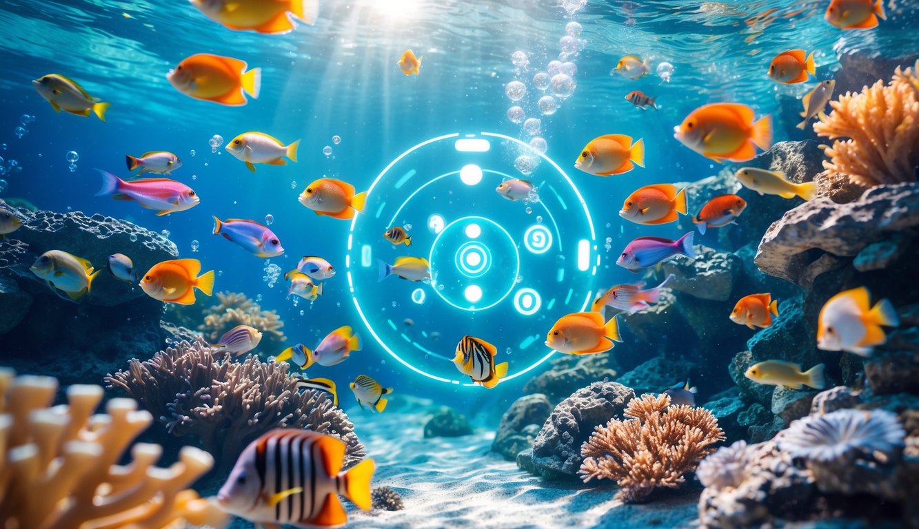 Pemandangan bawah laut dengan ikan tropis berwarna-warni berenang di sekitar terumbu karang yang diterangi cahaya matahari.