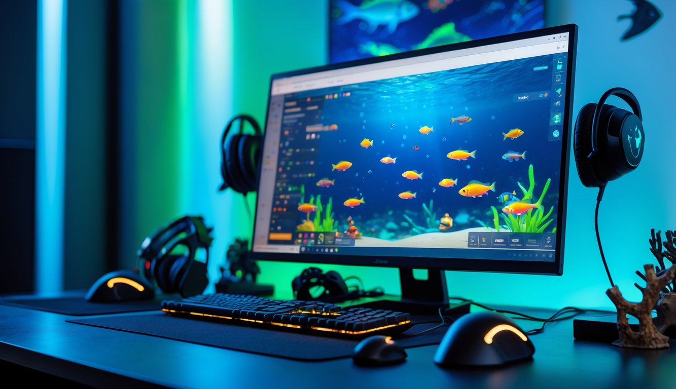 Sebuah meja kerja dengan komputer menampilkan permainan tembak ikan dengan ikan berwarna-warni di layar, dikelilingi oleh aksesori gaming dan dekorasi bertema bawah laut.